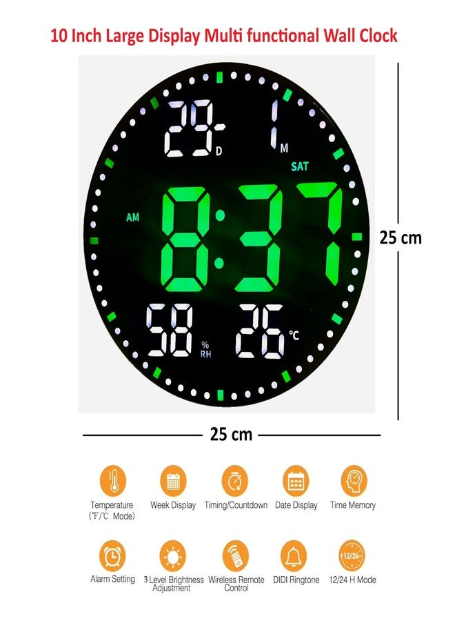 De'rons 10" Plastic Digital Wall Clock with Remote Control & Alarm for Home Décor Office 12/24 Hours Temperature Humidity Date Week Silent Electronic Digital Wall Clock (DC_2560_Green) - Image 2